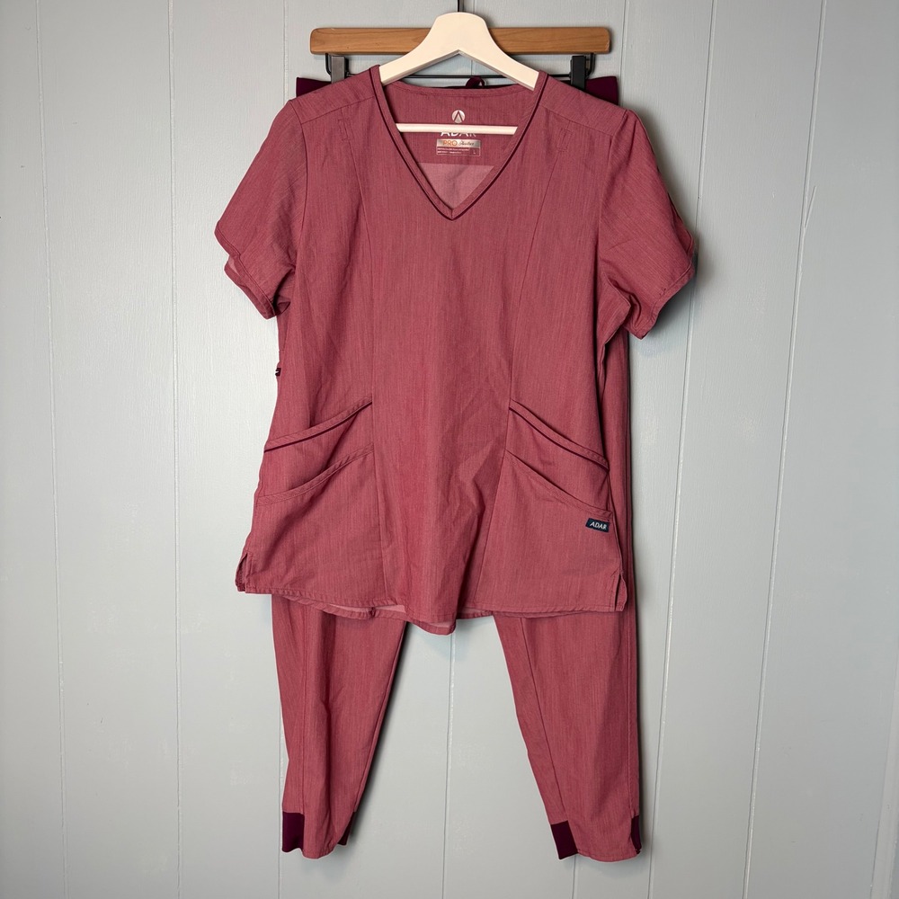 Adar Pro Heather Women Scrub Set Mauve Pink V-Neck Top Jogger Pants Large